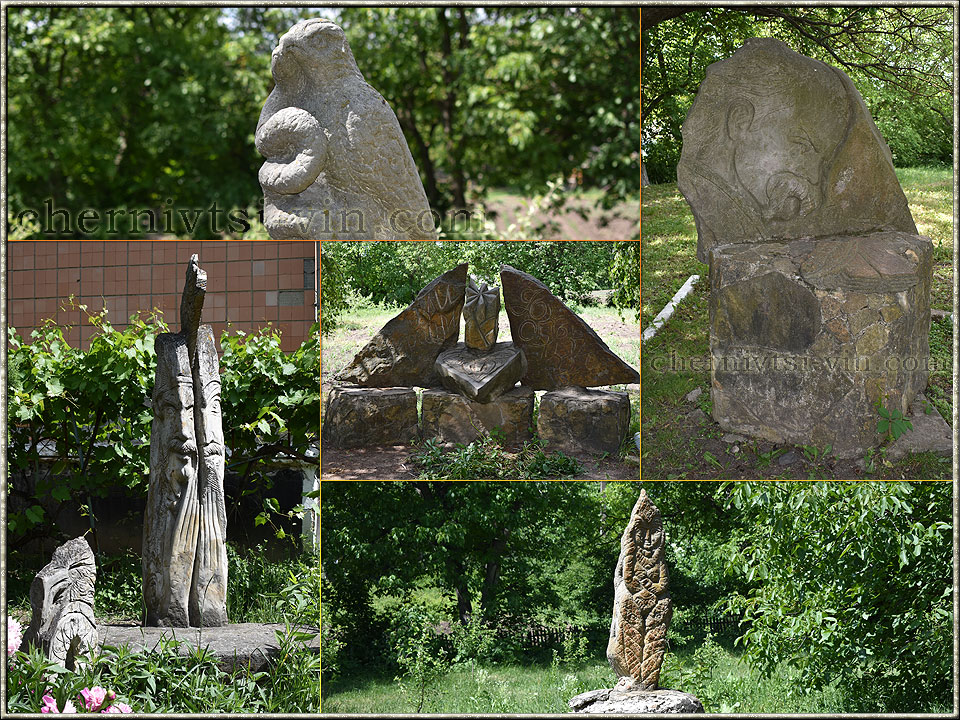 кам'яні скульптури, школа, с.Сокіл у Чернівецькому районі